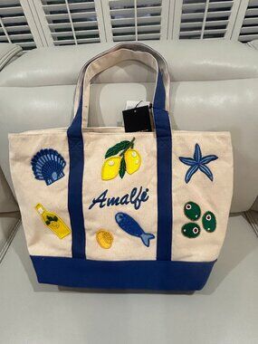 America and Beyond Beaded Amalfi  Canvas Large Tote Summer Handbag NWT